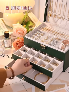 Multifunction Jewelry Storage Box Green Leather Watch Necklace Jewelry Organizer Display box