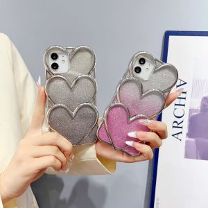【New】Overlapping Electroplating Heart TPU Phone Case with Colored Glitter For iPhone 11 12 13 14 15 16 Series