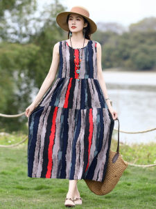 Elegant Cotton Silk Sleeveless Dress Womens Summer Thin H-Line Floral Print Gown Loose Waist round Neck Short Sleeve Midi Dress