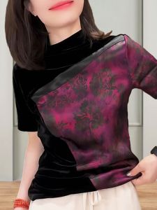 ใหม่สไตล์จีนแขนสั้นเสื้อฐาน ผู้หญิง ฤดูใบไม้ผลิ ฤดูใบไม้ร่วง ใหม่ สีดำ เรียบหรู ทันสมัย Splicing กึ่งสูง ปกเสื้อ T เสื้อ เสื้อท่อนบน