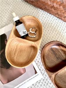 Wooden Jewelry Storage Box Divided Tray Fruit Salad Plate Snack Tray Key Storage Tray Japanese Style Handmade Pure Color