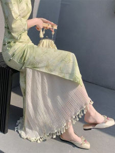 กระโปรงจีบผ้าตาข่ายริบบิ้นยาวปานกลางสไตล์นางฟ้า กระโปรงทรงเอเอวกลาง กระโปรงสั้นสไตล์จีน ชุดราตรี เดรสยาว