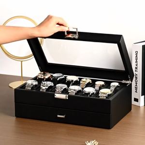Hộp đựng đồng hồ trang sức 2 tầng bằng carbon cao cấp 34x21x13cm 0206