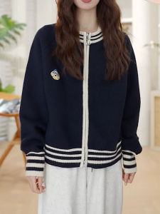 QINGNAER | Overweight College Style Navy Blue Round Neck Zipper Knitted Cardigan
