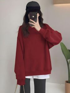 เสื้อฮู้ดคอกลมแขนยาวทรงหลวมสไตล์เกาหลีสำหรับผู้หญิงในฤดูใบไม้ร่วงปี 2024 เสื้อคลุมกันหนาวทรงหลวมสีแดงมะกอกแบบสองชิ้นปลอมแบบสวมหัว