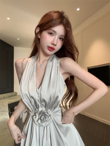 GUZILIAN | Summer Elegant V-Neck Sleeveless Satin Wrap Waist Slimming A-Line Dress Floral Print Korean Style Commute Dress For Young Women