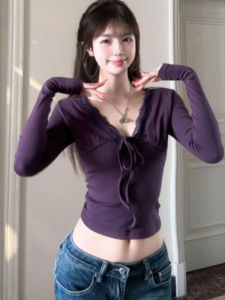 CHANGTONG | Purple Slim Fit V-Neck Long Sleeve T-Shirt