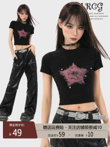 American Style Short Sleeve T-Shirt Women Summer Design Slim Fit High Waist Crop Top Sweet And Spicy round Neck Casual Top