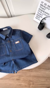 Set bộ sơ mi denim cho bé trai áo sơ mi phối túi kèm quần short size 9kg đến 28kg BERNIE T0126B13Đ