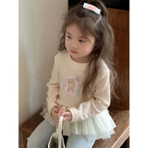 Girls Preppy Style Faux Wrap Neck Long Sleeve T-Shirt Mesh Splicing Cartoon Peach Color Overhead Shirt Korean Loose Fit Childrens Clothing