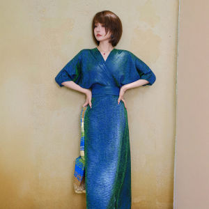 Heavy Silk Jacquard Wrap V-Neck Waist Cinching Elegant Long Dress