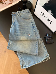 Light Blue Heavy Embellished Loose Straight Leg High Waist Womens Jeans Fashionable Design Casual Geometric Pattern All Seasons