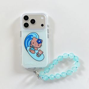 Sanrio | Summer Blue Surfing Black Skin Hello Kitty Case For iphone 17 16 15 14 Pro Max 13 17 Sanrio Protector TPU Cover With Pearl Chain