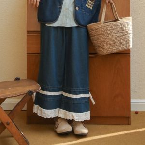 Cao Cấp Rời Denim Xanh Dương Quần Ống Suông Có Viền Bướm Tôn Dáng Cho Nữ Mùa Hè 2023 Giảm Béo Thường Ngày quần Ống Rộng