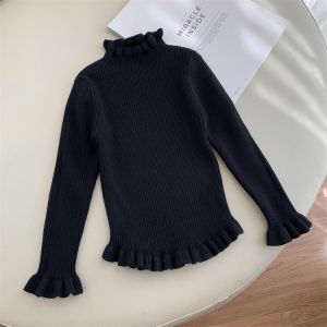 Girls High Collar Knitted Sweater Short Style Spring Autumn Fashionable Base Layer Shirt Floral Edge Design Childrens Wear