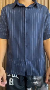ZEKE A0046 Mens Thin Strips Shirt Short Sleeved Collared Neck Tops Menswear Casual Polo Shirt
