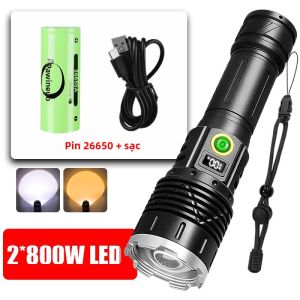 Đèn Pin LED Sạc Lại Công Suất Cao 2*800W Đèn Pin Chiến Thuật Siêu Mạnh Tầm Xa Ánh Sáng Vàng Trắng Đèn Cầm Tay Dùng Ngoài Trời