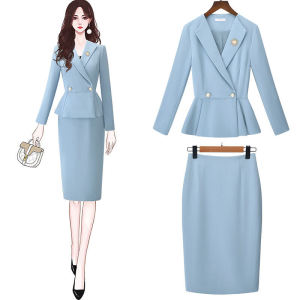 Business Wear Suit 2024 Spring New Host Fashion Elegant Light Blue Goddess Temperament Slim-Fit Commute Skirt Suit