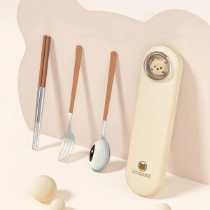 304 สแตนเลสสตีลชุดแบบพกพาโรงเรียนท่องเที่ยวกลางแจ้งชุดช้อนส้อมปิคนิคช้อนส้อมตะเกียบน่ารักกล่องเก็บ