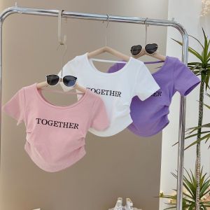 Girls Summer Slim Fit Short Sleeve T-Shirt Irregular Pure Color Childrens Versatile Top Korean Style round Neck Dry Fast