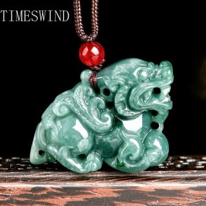 TIMESWIND Natural Jade Green 3D Lucky Flying Qilin Women Pendant with Certificate