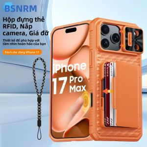Ốp Lưng iPhone 17 Pro Max Màu Cam Dạng Ví - Bảo Vệ Toàn Thân Với Ngăn Đựng Thẻ (4 Thẻ) Che Camera & Chân Chống - Chống Sốc Chống Xước