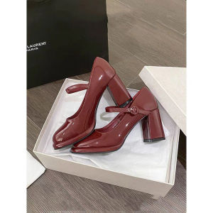 รองเท้าส้นสูงสไตล์จีน ทรงหัวมน ทรงหัวมน ทรงหัวมน สีแดงเข้ม รองเท้าแต่งงาน รองเท้า Mary Janes สำหรับผู้หญิง รองเท้าแฟชั่น