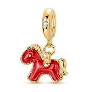 Mặt Dây Chuyền Charm Bạc 925 Mạ Vàng Hình Ngựa Đỏ Vui Tươi Dành Cho Nữ Tự Làm Đồ Trang Sức Phù Hợp Với Vòng Tay Hoặc Dây Chuyền