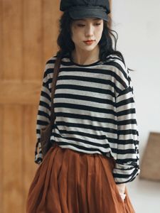 Casual Loose Long Sleeve Linen Stripe T-Shirt round Neck Summer Air Conditioning Shirt Womens Cover up Casual Stripe Overhead Top