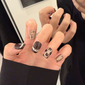 Handmade Autumn Winter New Style Caramel Cat Eye Chessboard Pattern Nail Tips Short Stairs Shape Any Skin Type from Mainland China