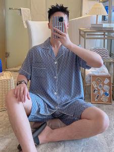 Mens Summer Sleepwear Thin Cotton Silk Short Sleeve Shirt And Shorts Home Clothes Set Youth Cartoon Print Comfortable Pajamas