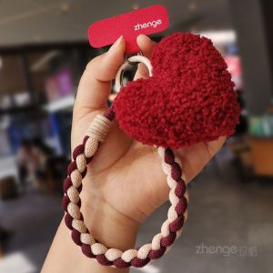 Cute Creative Color Block Knitted Plush Heart Mobile Phone Strap Short Wristband Lovely Girls Accessory New Arrival