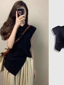 Pure Cotton Irregular Twisted Open-Sleeve T-shirt for Women Summer Design French Style Sleeveless Top