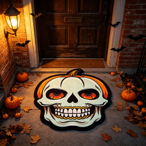 VIKAMA Halloween Pumpkin Shaped Rug Skull Pattern Non Slip Fluffy Floor Mat Indoor Entry Bathroom Bedroom Home Decor