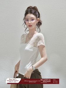 THROUS | Áo Thun Trắng Eo Cao Tay Ngắn V-Neck Kết Hợp Ren Đẹp Mùa Hè