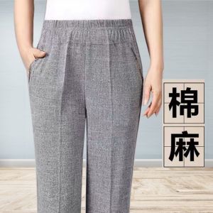 High Waist Cotton Linen Straight Leg Pants for Middle Aged And Elderly Women Spring Summer Casual Trousers Loose plus Size