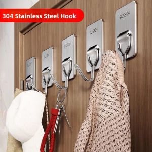 Stainless Steel Adhesive Hooks Strong Kitchen Bathroom Wall Mounted No Drilling Required Traceless Sticky Hooks for Hanging