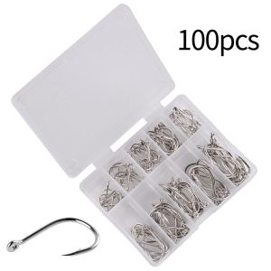Câu cá móc thiết lập 100PCS Hộp 10 Series thép carbon cao duy nhất vòng tròn câu cá móc bay câu cá Jip gai cá chép móc