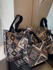 Large Capacity Canvas Tote Bag Single Shoulder Womens Fashion Student Class Handbag Ethnic Style Casual Soft Polyester Lining