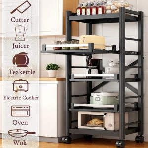 Kitchen Rack Organizer Microwave Shelf with Wheels Pull Out Organizers 3/4/5 Layer Kitchen Storage Cabinet Microwave Stand Rack Oven Shelf with Hook Rice Cooker Rack Kitchen Storage Shelf