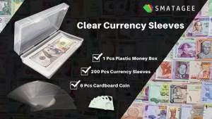 Smatagee 200 Pcs Clear Plastic Paper Money Sleeves Holder with StorageBill Protector Slab Holder for Currency Money Bill Banknote Stamp and 6 Pcs Cardboard Coin Holders 6 Sizes Coin Flips