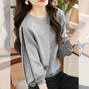 Loose Womens Sweatshirt Long Sleeve Base Layer Shirt Color Block Design Spring Autumn Korean Style Comfortable Quality Top