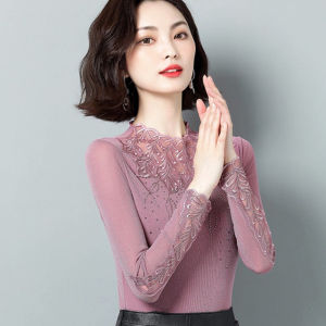 Fleece Lined Long Sleeve Womens Base Shirt Thickened Net Lace Top Warm Stylish Korean Style Commute Pure Color Shirt