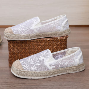 Lace Ladies Summer Thin Single Shoes Fisherman Slip-On Flat Bottom Fashionable All-Match Canvas Shoes round Toe EVA Outsole