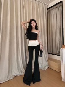 Cao Cấp Micro-loa Màu Đen Trắng Màu Sắc Tương Phản Quần Tây Nữ Thời Trang Mùa Hè Thiết Kế Chia Quần Ngựa