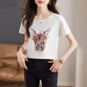 Ammin 2023 Mùa Hè cổ tròn mới in họa tiết màu trắng rộng tay ngắn đơn giản T-Shirt Cho Phụ Nữ