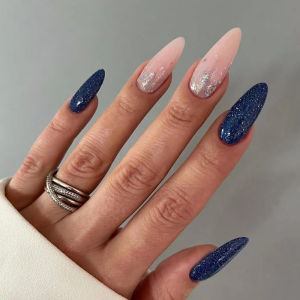 24pcs Flower Full Cover Nail Art Long Almond False Nail with Golden Shiny Powder Design Press on Nails Datachable Fake Nail Tips