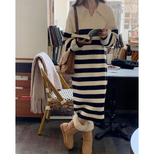 French Polo Neck Black White Striped Midi Knitted Dress Womens Loose Autumn Winter Lazy Style Sweater Dress High Waist Long Sleeve