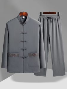 ROMON | Romon Long Sleeve Chinese Style Shirt Fathers Day Clothing Dad Summer Outfit Dads Traditional Costume Polyester Fiber Pure Color