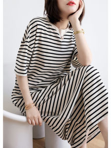 Japanese Style Loose Fit Cotton T-Shirt Dress Womens Summer Casual Slimming Long Striped Dress A-Line Skirt round Neck Short Sleeve